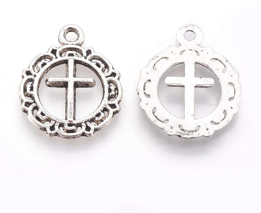 LiQunSweet 100 pcs Antique Silver Flat Round with Cross Charms Vintage Religious Crucifix Charms for DIY Jewelry Earring Bracelet Necklace Craft Keychain Bag Decor image 2