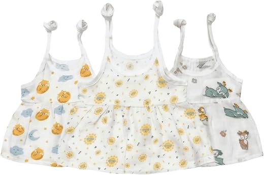 Yobrina Bamboo-Cotton Muslin Baby Frock with Shoulder Knot (3 Pack) – Soft Breathable Newborn Baby Dress, Lightweight Musl...