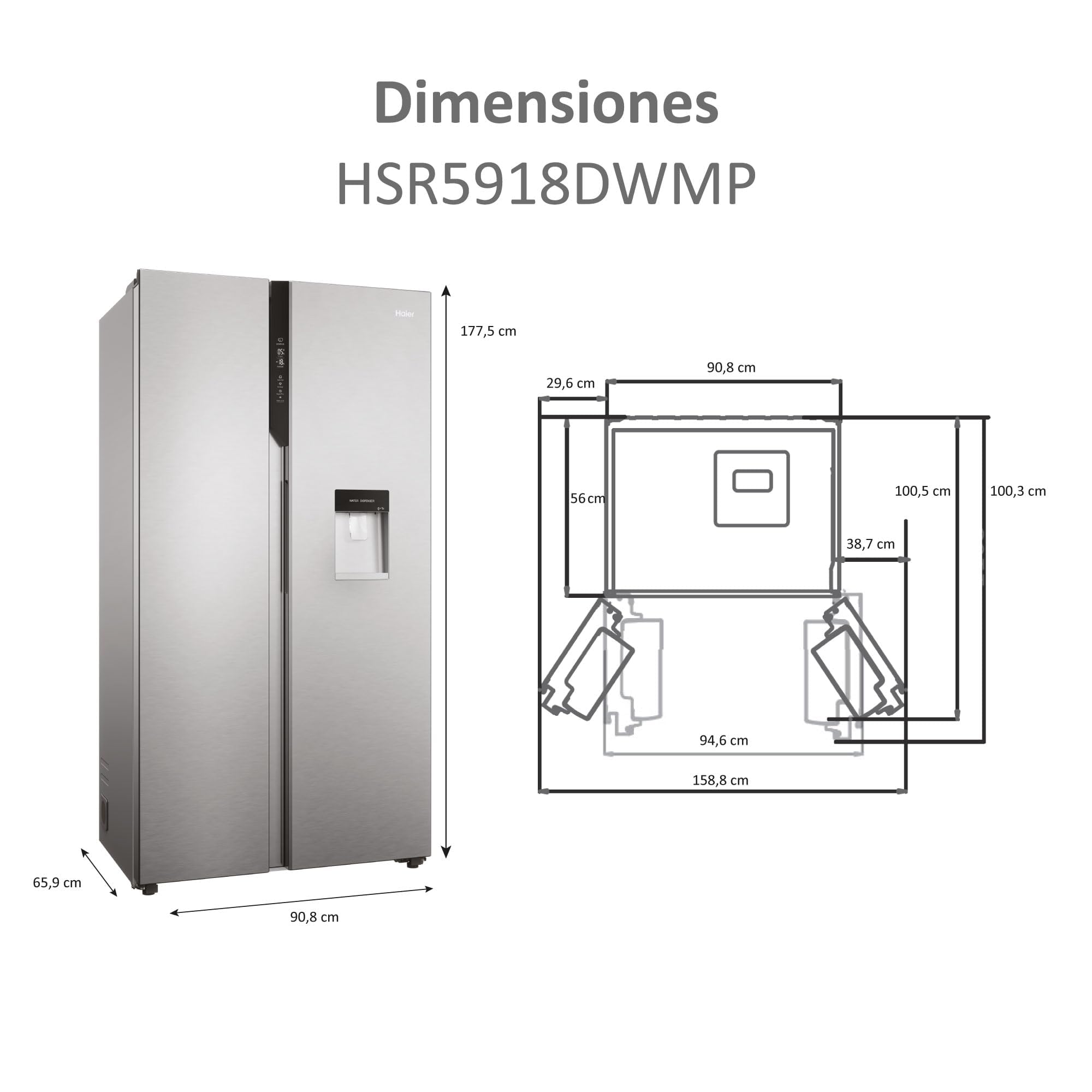 Haier SBS 90 Series 5 HSR5918DWMP - Frigorífico Side by Side, con Dispensador de Agua, Apertura puertas 90 grados, Motor Inverter, Total No Frost, Ancho 90cm, Capacidad XXL 521L, Iluminación LED, Inox