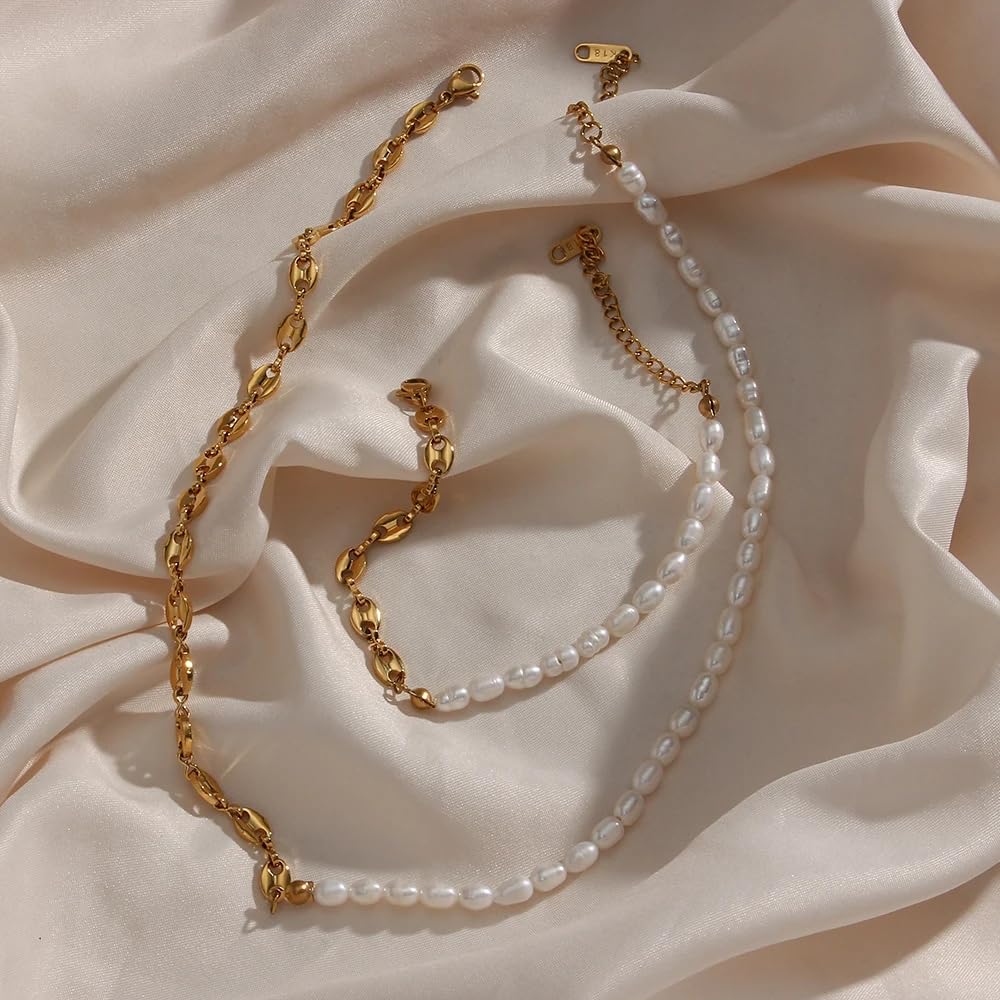 YDYDTTKD Collar de Cadena de Media Perla Natural Vintage de Plata de Ley 925 para Mujeres y Hombres, Conjuntos de Pulseras clásicas-Collar de Agua Dulce,