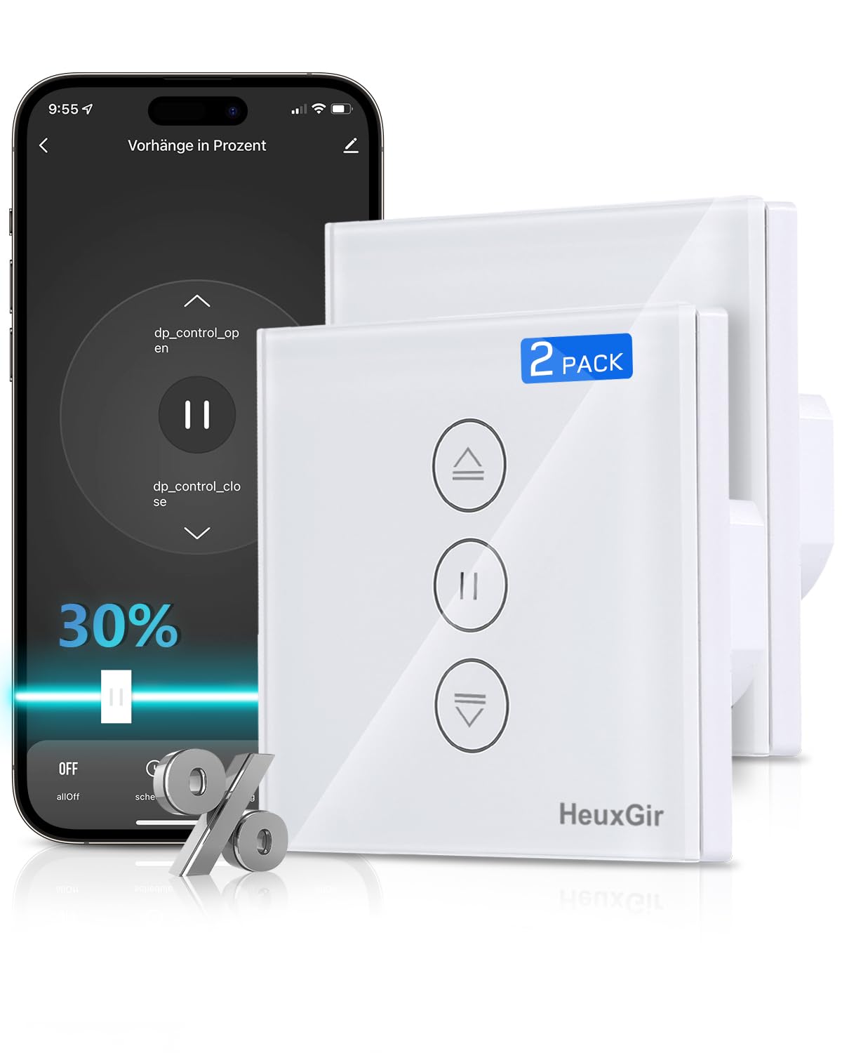 80 * 80 mm Interruptor Persianas Wifi, Interruptor Inteligente Persiana de Porcentaje Control de APP y Voz, Compatible con Alexa y Google Home, Necesita Cable Neutro 2Pieza