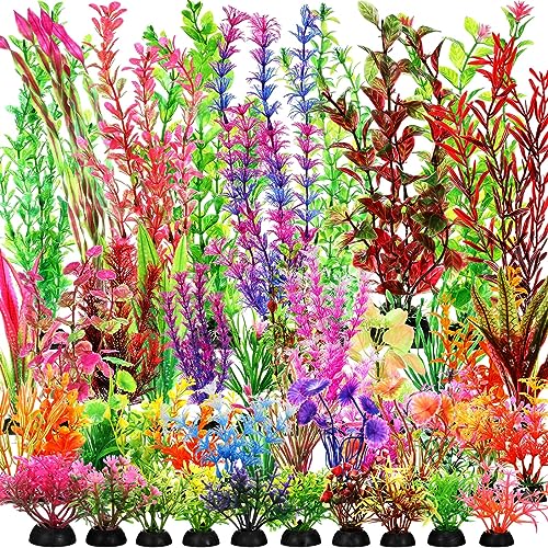 XunYee 100 Pcs Aquarium Plants Artificial Fish Tank Decorations 1.57 to 11.81 Inches Plastic Fish Tank Plants for Household and Office Simulation (Colorful)
