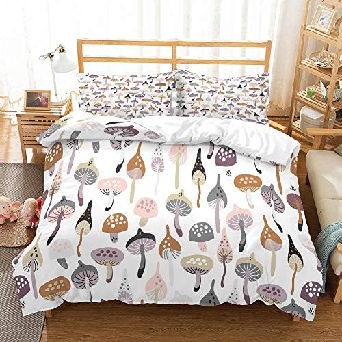 PATATINO MIO Toddlers Cartoon Mushrooms Duvet Cover Set Queen Kids 3D Various Mushrooms Bedspread Printed 3 Pieces White Bedding Set for Boys Girls 1 Duvet Cover 2 Pillowcase