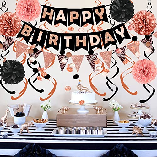 Fecedy Rose Gold Theme Happy Birthday Banner Flag Bunting Paper Circle Confetti Garland Swirl Streamers Honeycomb Ball For Birthday Party Decoration #TOP2