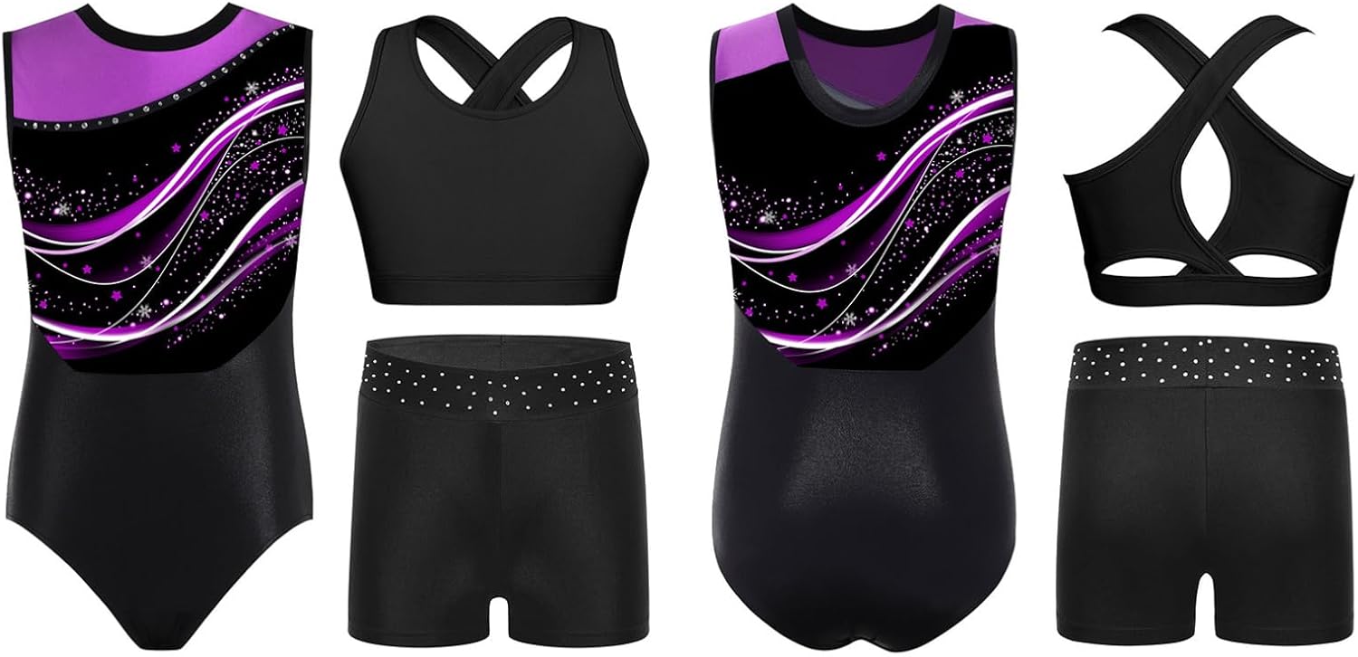 FEESHOW Kids Girls Sleeveless Stylish Print Color Block Dance Unitard Ballet Skating Bodysuit with Sports Bra Shorts