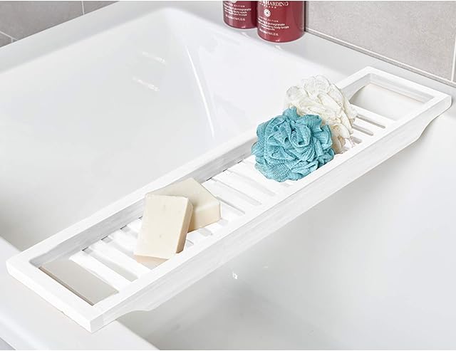 SA Products Bath Caddy Shelf Organizer  70 x 14.5 x 4.5 cm Natural Bamboo Bathroom Organizer for Standard Sized Bathtubs  White Shelf Wooden Tray for Soap, Cream, Accessories