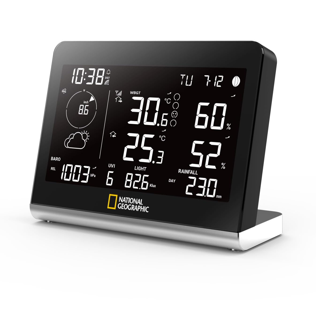 National Geographic Funkwetterstation SC mit 8-in-1-Außensensor, Farbwechsel-Display, Temperatur, Luftfeuchtigkeit, Windmesser, Regenmesser, UV, WBGT | Innen und Außentemperatur, Luftfeuchtigkeit, Regenmesser, Windmesser, Luftdruck, UV, Lichtintensität, W
