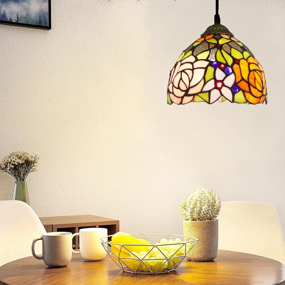 Mengjay Tiffany Lampa Wisząca ，Ręcznie Witrażowa, Styl Vintage，Nadaje się do stosowania w holu, sypialni, kuchni i korytarzach. (Styl.H)