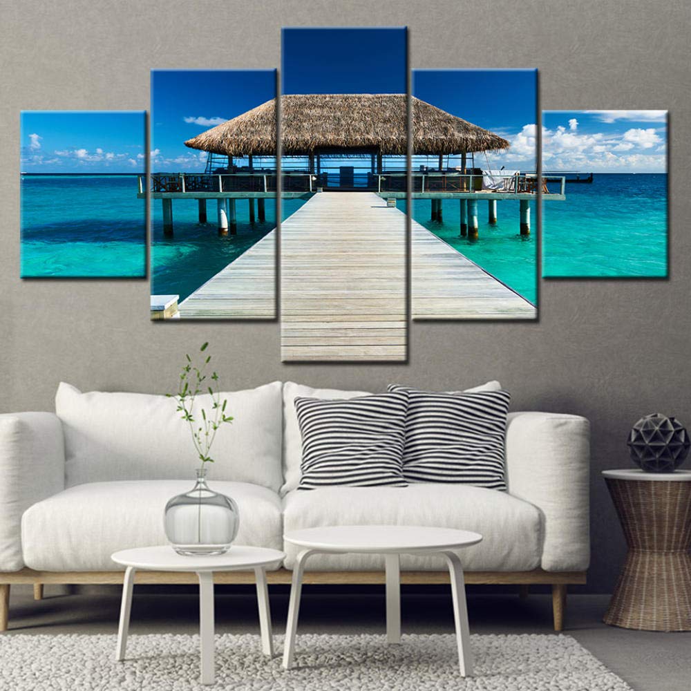 Stampa su Tela 5Pcs Tela Pittura Mare Country House Paesaggio Estivo Arte della Parete Pittura Modulare Sfondi Stampa Poster Decorazione della Casa Canvas Mare Fiori Musica