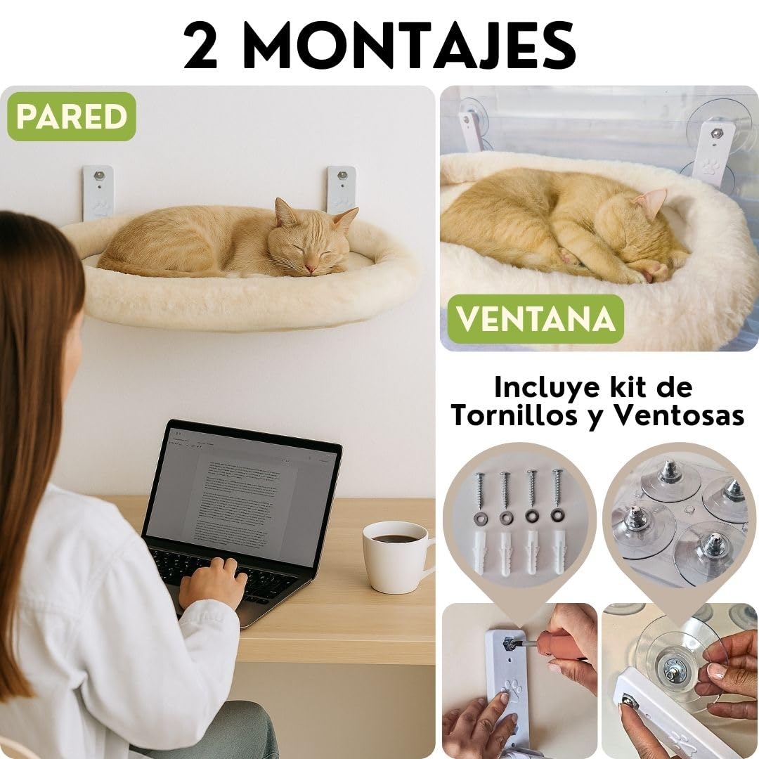 Hamaca Gato Ventana con Cojín + Funda Manta para Gatos + Montaje Pared | Cama Ventana para Gatos pequeños y Grandes. Reversible Verano Invierno | Cama Gato Beige