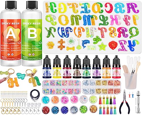 JIDJIX Kit Resina Epoxi Transparente, 218 Piezas Resina Epoxi Manualidades con Letras Moldes de Silicona, Resina y el Endurecedor, Pigmentos, Lentejuelas, Pan de Oro, para hacer Llavero, Joyas