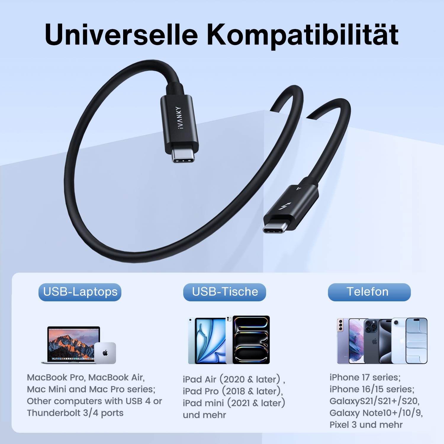 IVANKY Thunderbolt 4 Kabel 1.5M [Intel-zertifiziert], 240W USB C Ladekabel, 40Gbps Daten 8K Video, für MacBook Air/Pro M5, MacBook Neo, iPhone 17/17e/16, iPad Air M4, Samsung, USB4 Kompatibel