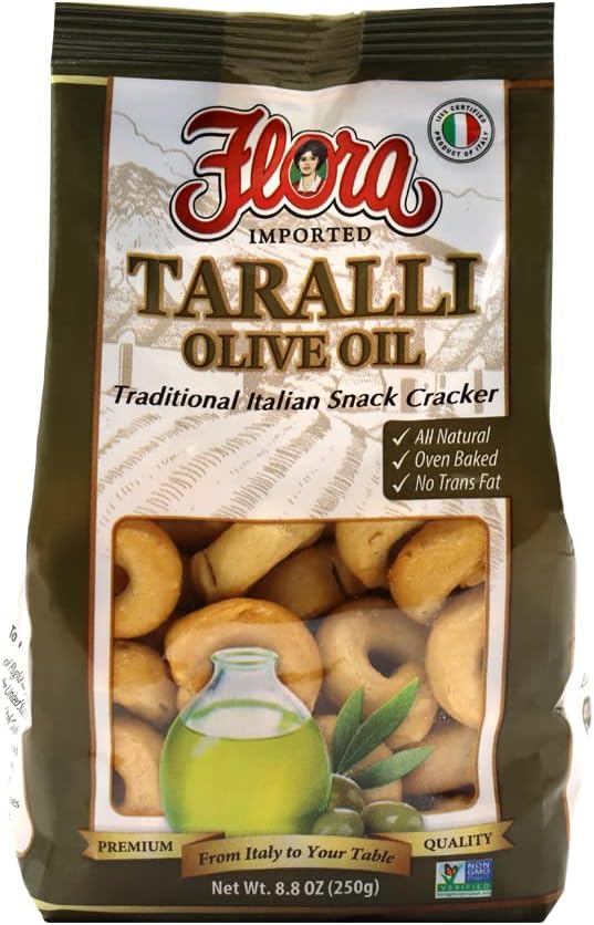 Taralli by Flora 7.05 oz - Italian Snack Cracker - All Natural Oven Baked - Cholesterol Free - Savory Snack - 100% Italian (Olive Oil)