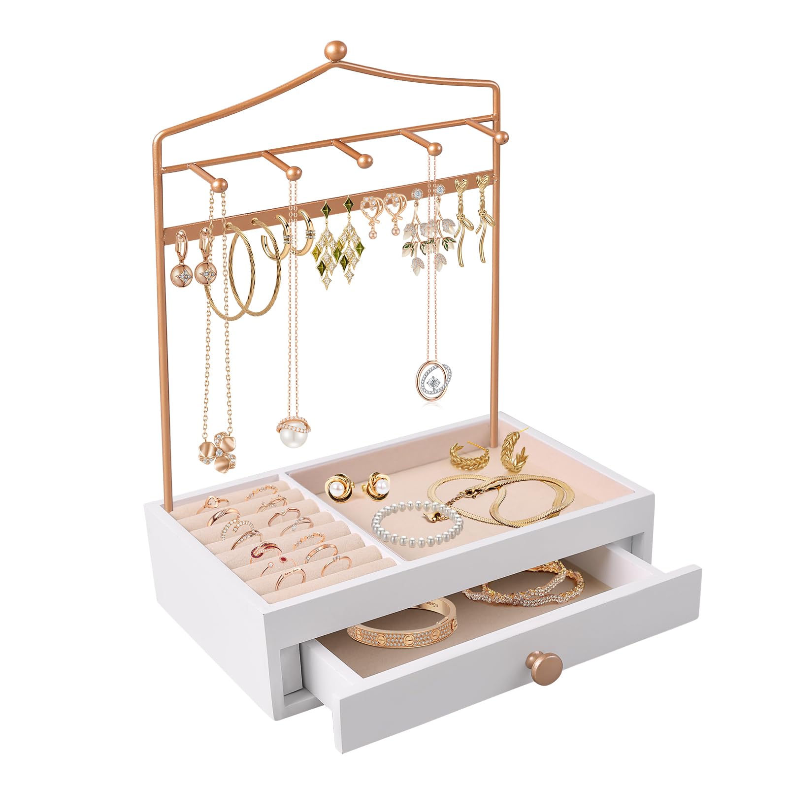 SEEYUAN Necklace Holder- Jewelry Organizer Stand, Earring Ring Bracelet Display Stand with Tray Storage Drawer for Bangles, Necklaces, Bracelets and Watch