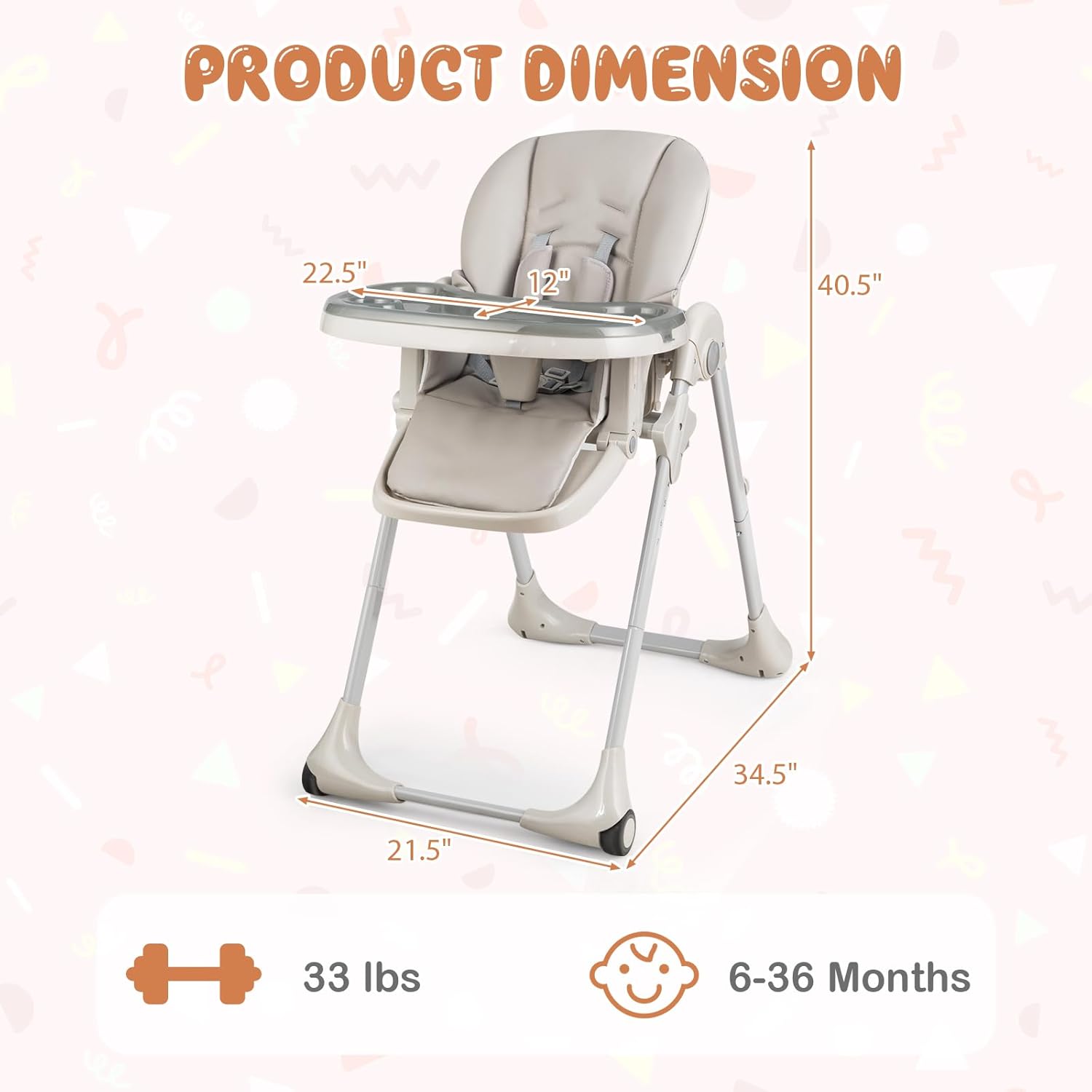KOTEK Foldable High Chair, Highchairs for Babies & Toddlers, Portable Baby Dining Chair w/Recline & Footrest, Removable Double Tray & PU Leather Cushion (Gray)