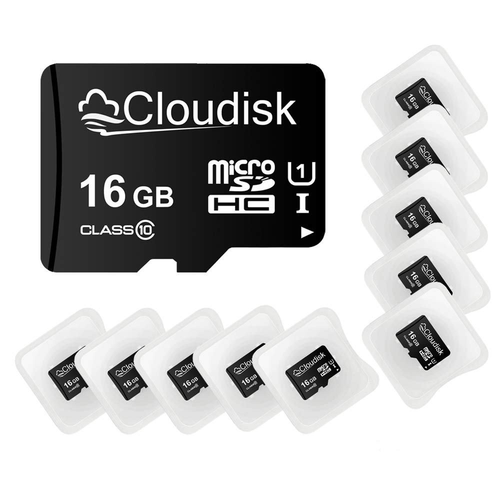 Cloudisk Pack of 10 Micro SD Card 16GB Flash Memory Card C10 A1 U1 Micro SDHC with SD Adapter, Card Reader