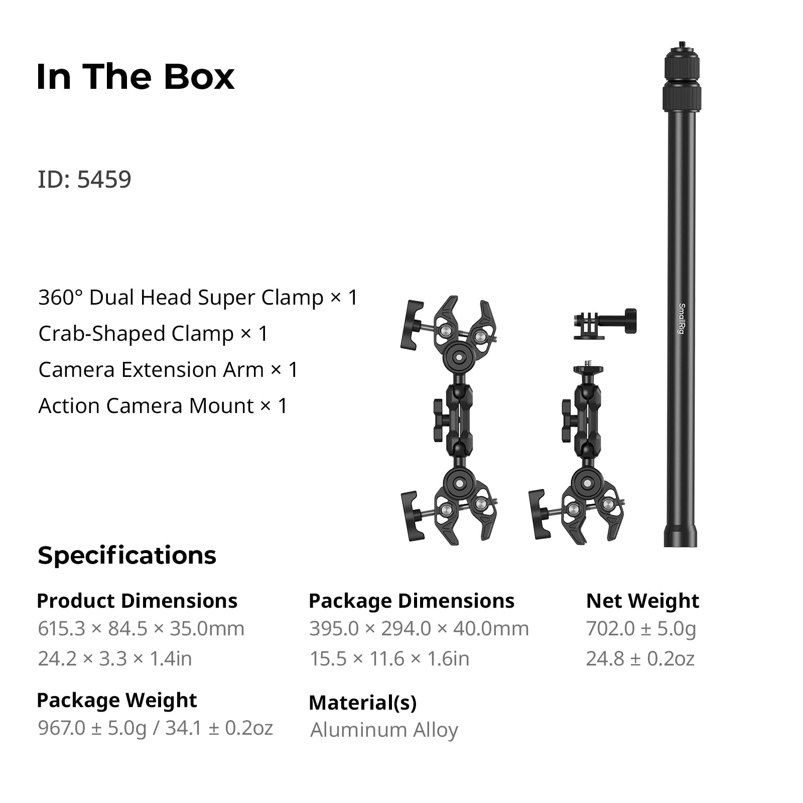 SMALLRIG Zestaw Montażowy Motocykla Do Insta360 X5/X4/X3/X2, Niewidoczny Kij Do Selfie Na Kierownicę Roweru Z Podwójnymi Głowami Kulowymi I Super Clamps, Adapter Do GoPro I Do DJI OSMO 360-5459
