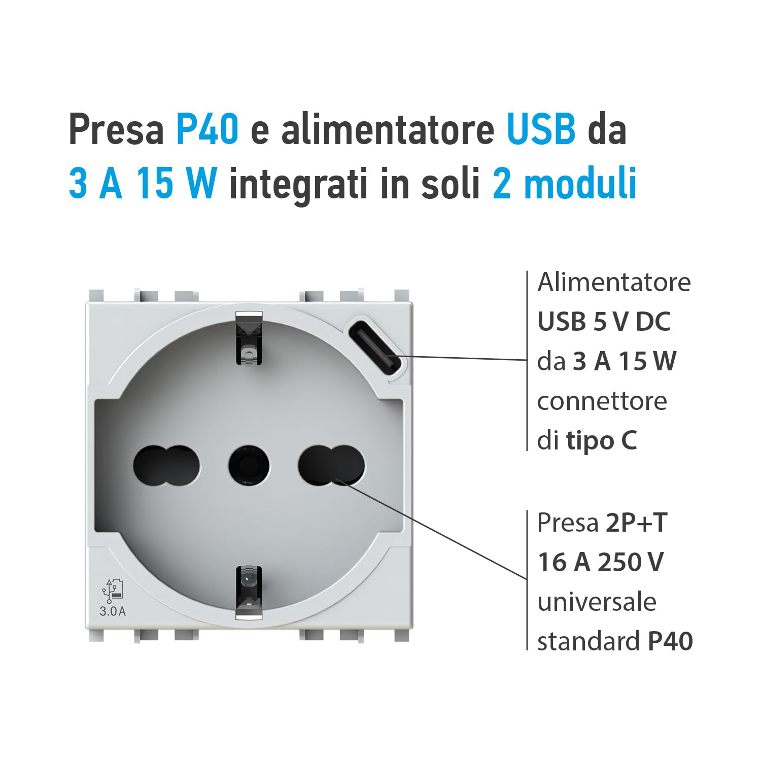 4Box USB-Netzteil Für P40-Steckdose – Mit Typ-C-Anschluss, 3A/15W, Kompatibel Mit Vimar Plana (2 Module)