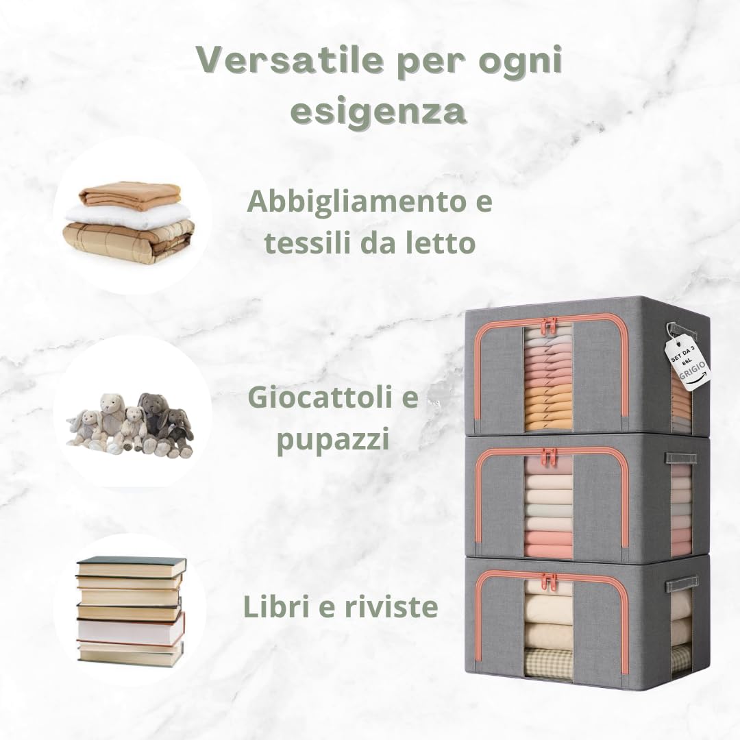 4 Scatole per Armadio Rigide con Cerniera da 66L, Set da 4 Contenitori per Armadio Salvaspazio, Organizer Armadio con Struttura in Metallo Pieghevole (66L (50x40x33cm), 4, unità)