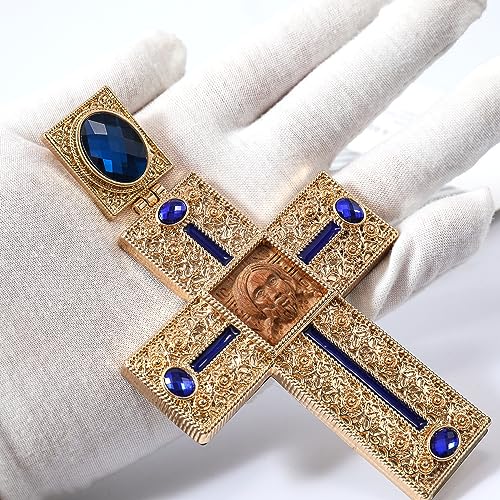 Nazareth Store Pectoral Cross Wooden Jesus Face Crucifix Pendant Icon Blue Crystallized Stones Elements Christian Priest Bishop Necklace 23"2