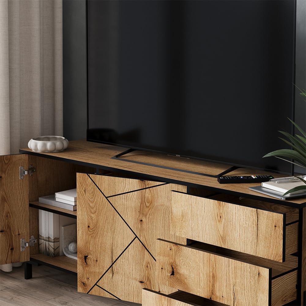Vicco Meuble TV Hatto, Chêne, 150x60cm avec Portes et tiroirs, adapté au Rangement et au Stockage dans la Chambre à Coucher