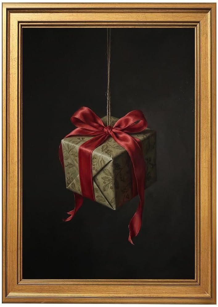 Christmas Gift Box Wall Art, Gold Vintage Framed Holiday Canvas Print