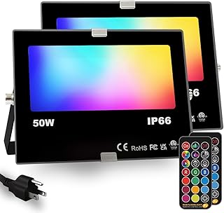 RGB Led Flood Light 50W, Outdoor Color Changing DIY Customized Strobe Mode, Stage Landscape Lighting,Floodlights 12 Colors & 4 Modes, Remote Control Included, Timing IP66 Waterproof (2 Pack)