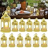 SHYMERY 12 Pieces Mini Lantern with Flickering LED Candles, Batteries Included, Decorative Hanging Candle Lantern for Indoor Use, Wedding, Party, Table Centerpiece (Gold)