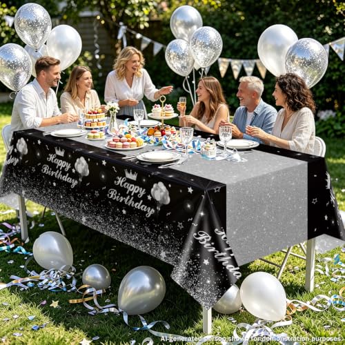 Image of 4 Pcs Happy Birthday Black and Silver Party Tablecloths - Silver Black Party Decorations Plastic Tablecloth Rectangular Table Covers for Boy Girl Baby Shower Birthday Table Supplies, 51 x 86.6 Inch