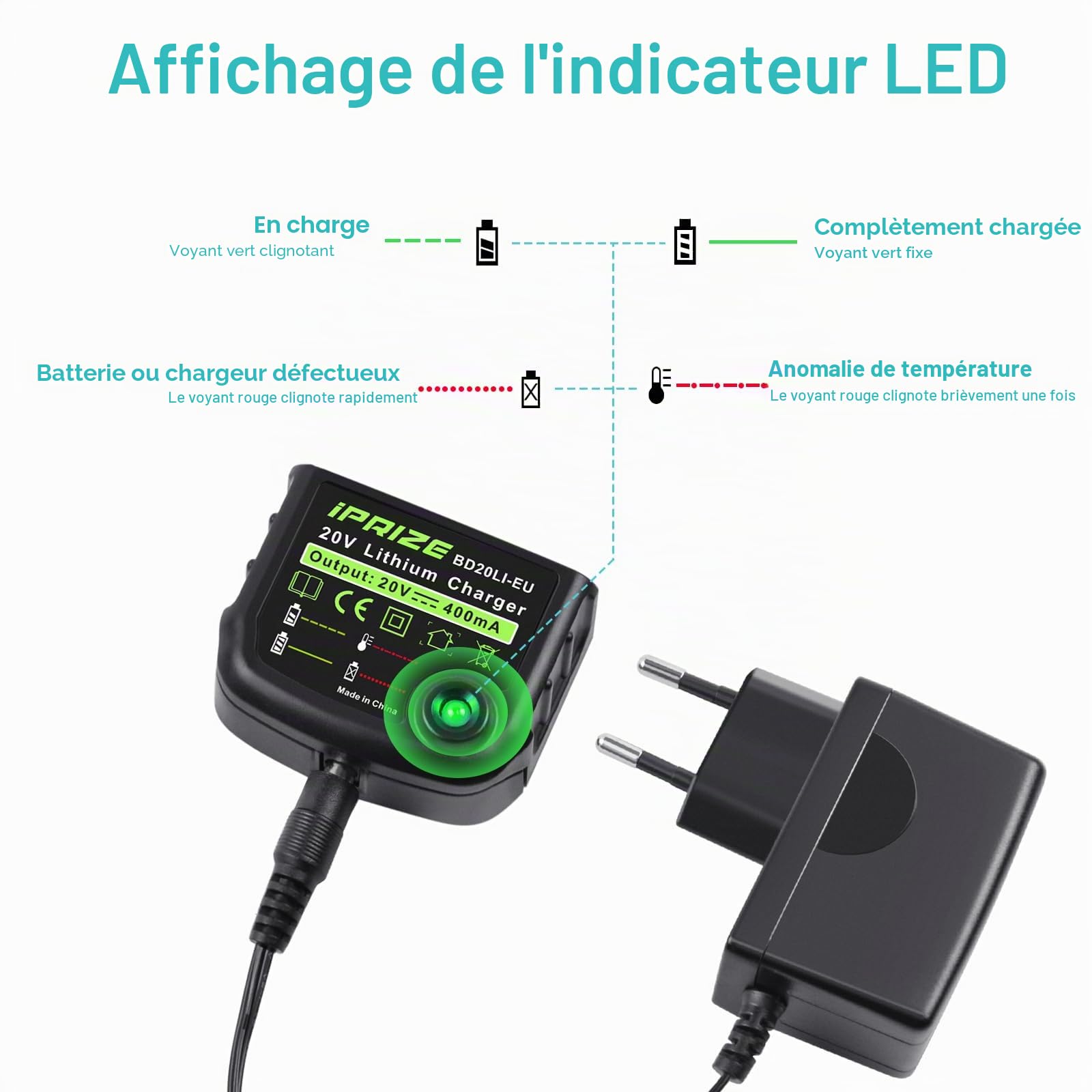 Chargeur Lithium 18 V / 20 V Compatible pour Black&Decker Batterie BL2018 BL2018-XJ LBXR20 LBXR20-OPE LB20 LBX20 LBX4020 BL1514 BL1518 LBXR16 LB2X4020