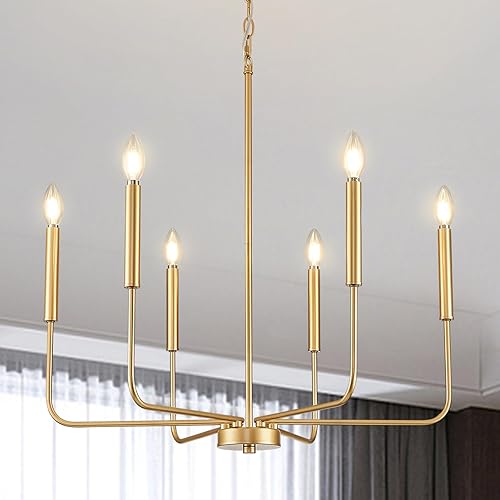 ZUYURT Modern Gold Chandelier, 6-Light Metal Farmhouse Dining Room Light Fixture, E12 Candle Hanging Pandent Lighting for Kitchen, Living Room, Foyer, Entrance