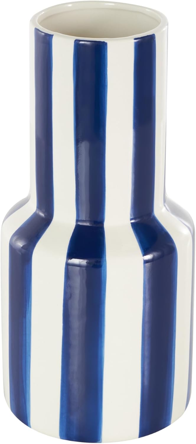 Deco 79 Ceramic Decorative Vase Round Centerpiece Vase with Blue Vertical Stripes, Flower Vase for Home Decoration 5" x 5" x 11", White - Image 7