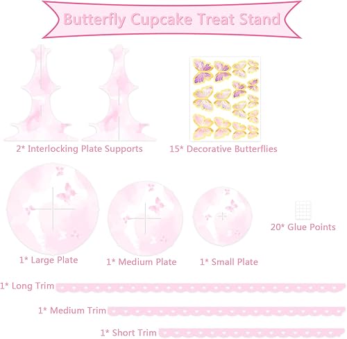 Miniatura 7 de Soporte de mariposa para cupcakes, suministros de fiesta de cumpleaños, soporte redondo de 3 niveles, soporte para cupcakes color rosa, mesa de