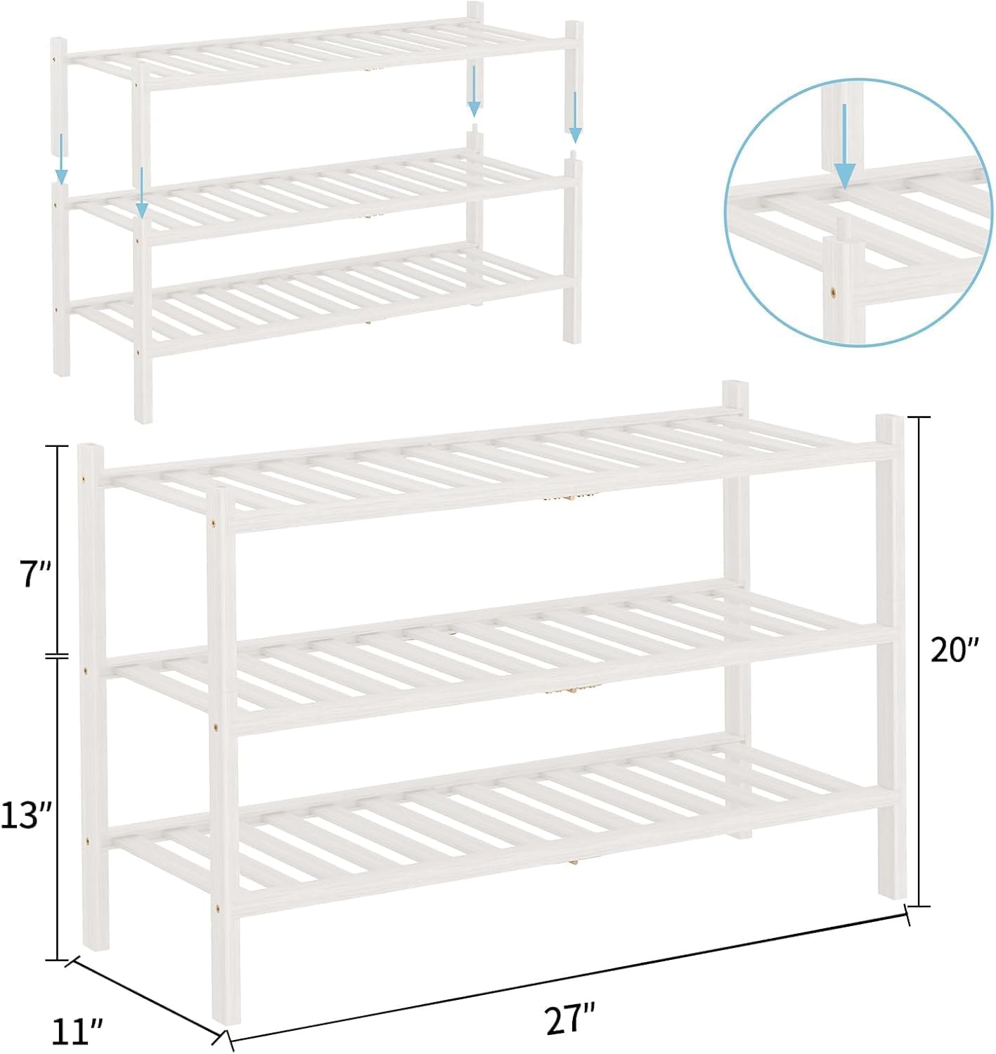 RONGJlA 2 Tier Bamboo Shoe Rack for Closet Free Standing Wood Shoe Shelf Storage Organizer for Entryway Small Space Stackable,White
