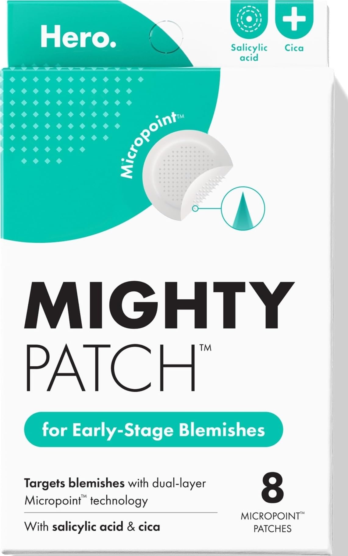 Mighty Patch Hero Cosmetics Micropoint Acne Pimple Patches, 8 Ct | For Early Stage Zits & Blemishes; Hydrocolloid with Salicylic Acid, Niacinamide, Cica; Acne Stickers; Korean Skincare