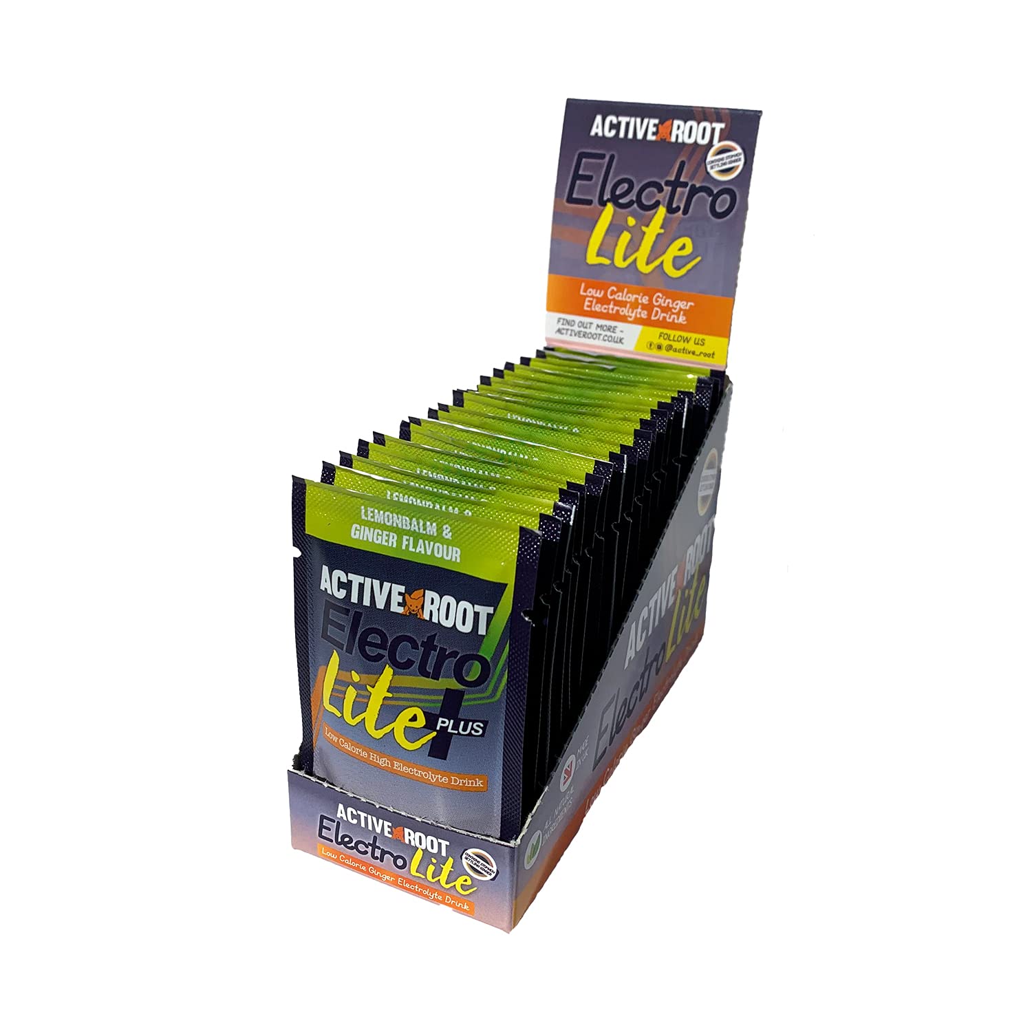 Active Root Electrolite+ Natural Hydration Sports Drink, Low Calorie Lemonbalm and Ginger Flavour, Vegan (20 x 9g servings)