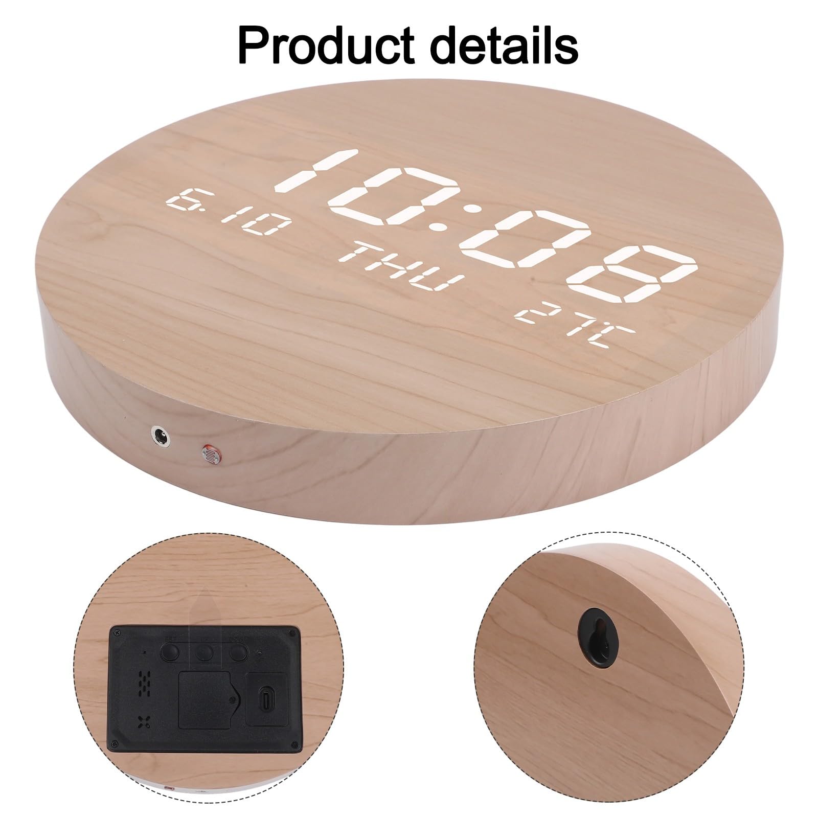 Reloj de pared digital de pantalla grande, silencioso, sin tictac, muestra la hora, fecha, semana, temperatura, acabado de grano de madera, alimentado por USB para dormitorio