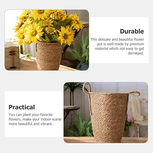 Miniatura 5 de ABOOFAN Jarrón de flores de ratán, cesta de paja, para macetas, cubierta de macetas, cesta de almacenamiento, cesta tejida a mano con forros de