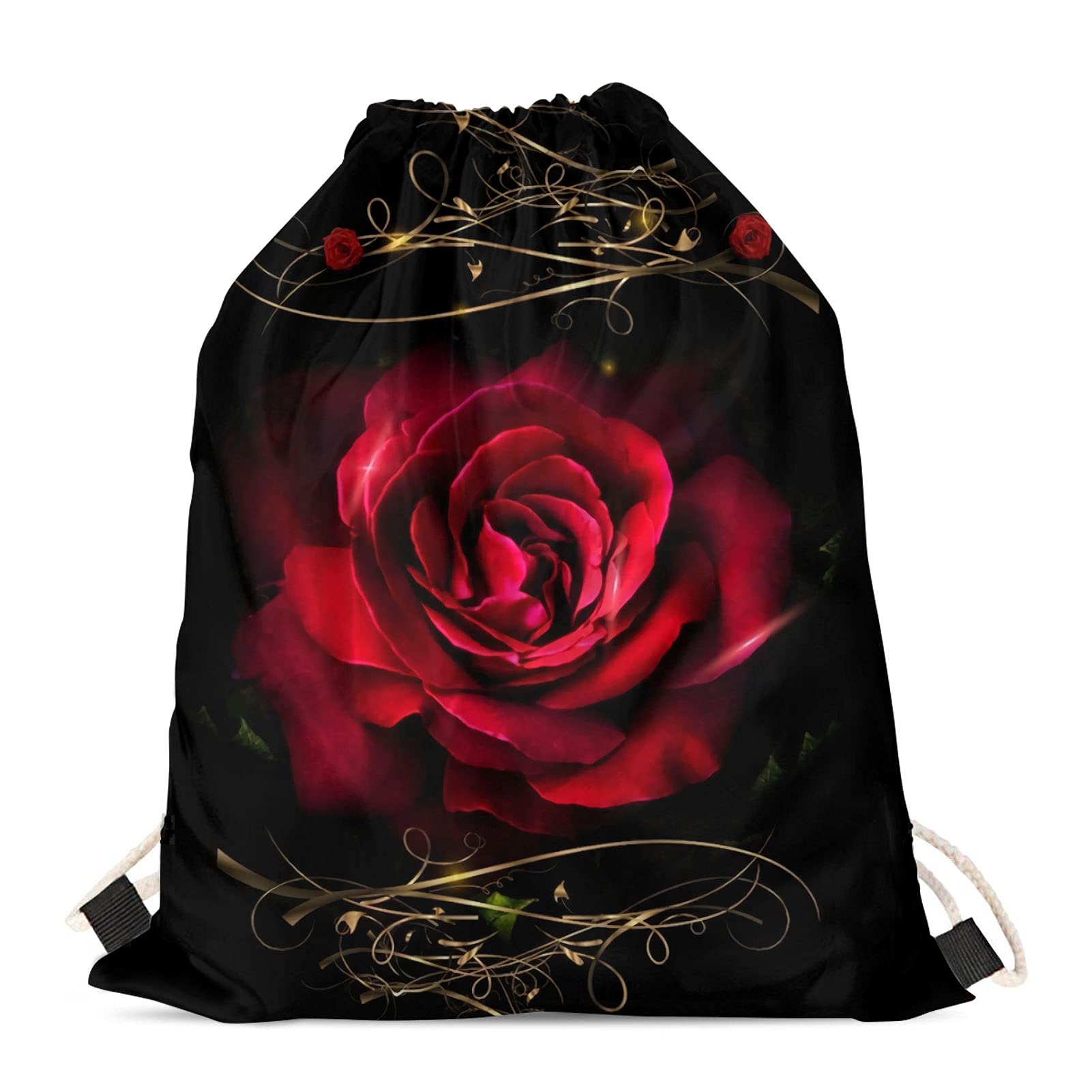Showudesigns Red Rose Drawstring Bag Kids Girls String Bag Gym Sackpack Drawstring Backpack for Beach Travel Cinch Sack Black Women Travel Accessories — image 1