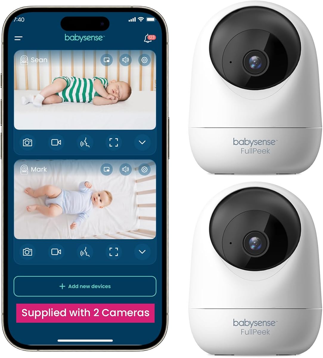 2Peek Video Baby Monitor, WiFi Security Camera with Auto Tracking (2Pcs), 3MP Super HD, Intelligent Motion & Sound Detection, Night Vision, Private Hidden Lens Mode, Supports SD Card