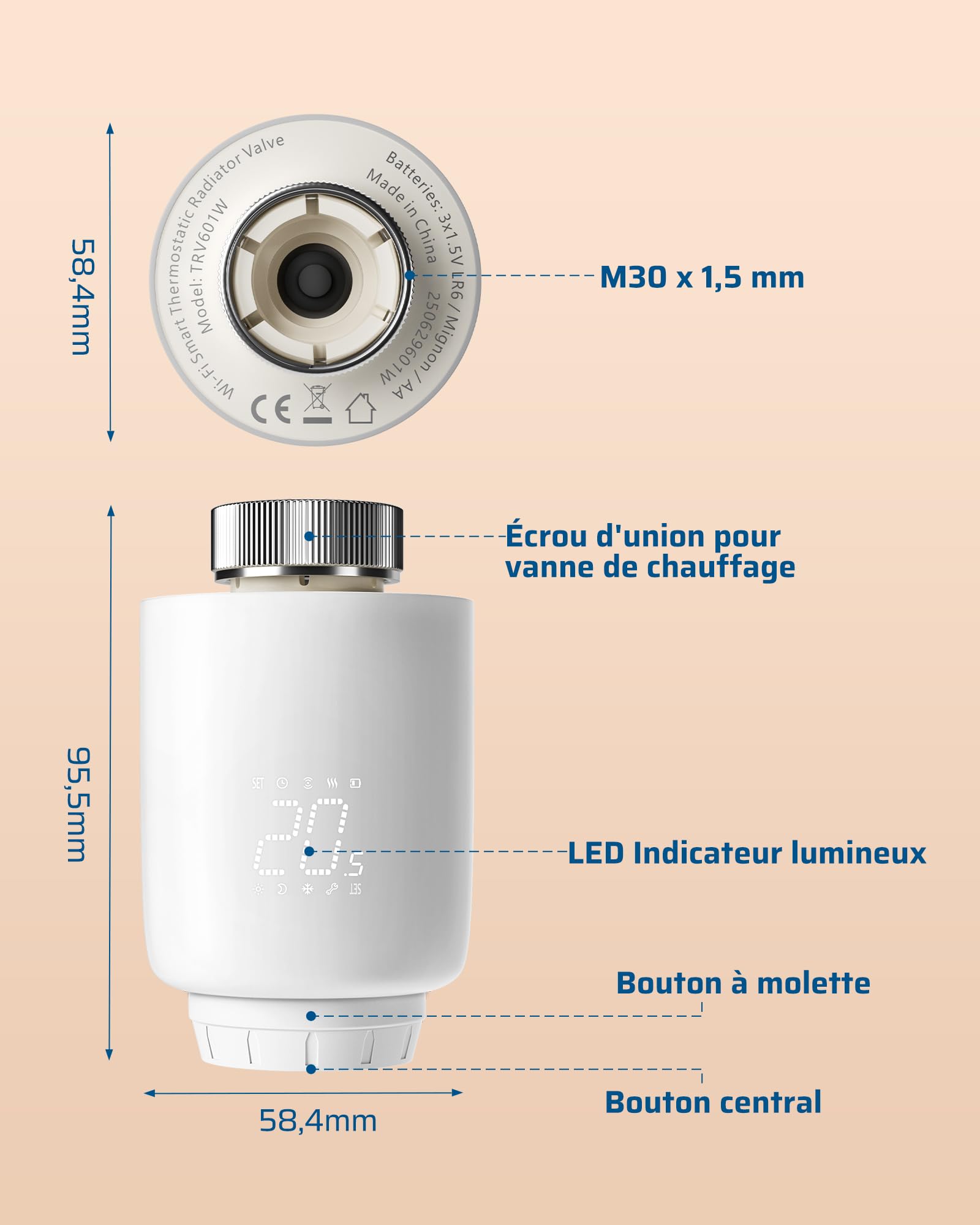 DEWENWILS Thermostat Radiateur Intelligent WiFi, Aucun Passerelle Requise | Thermostat Radiateur Programmable, Contrôle App, Compatible Alexa & Google Assistant, Économie d'Énergie