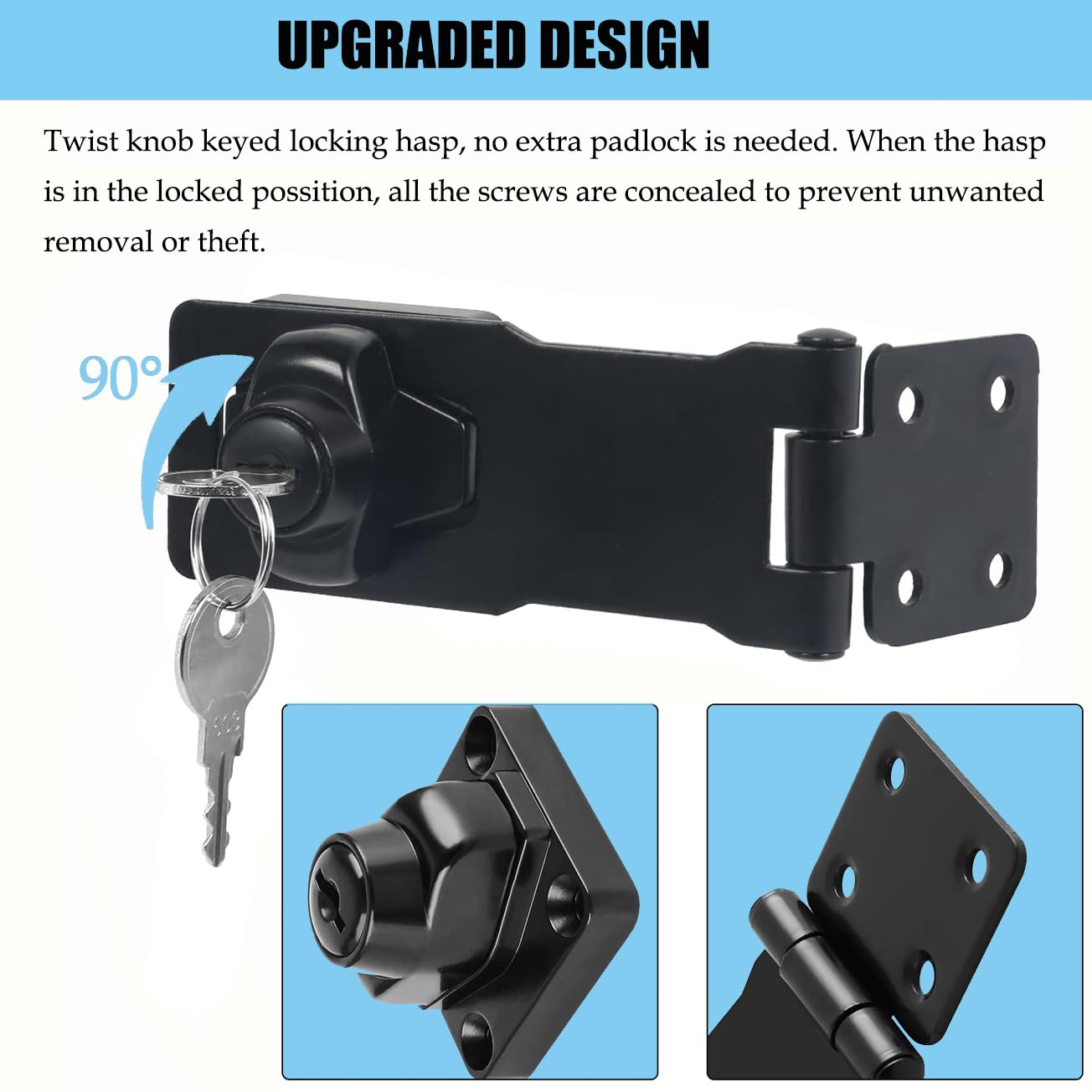 Litensh Keyed Hasp Lock Right Angle 90 Degrees Lock Hasp Twist Knob Keyed Locking Hasp Shed Locks Door Clasp Door Bolt Latch Buckle Hasp with Padlock Keys for Cupboard (2.5 Inch Black) - Image 3