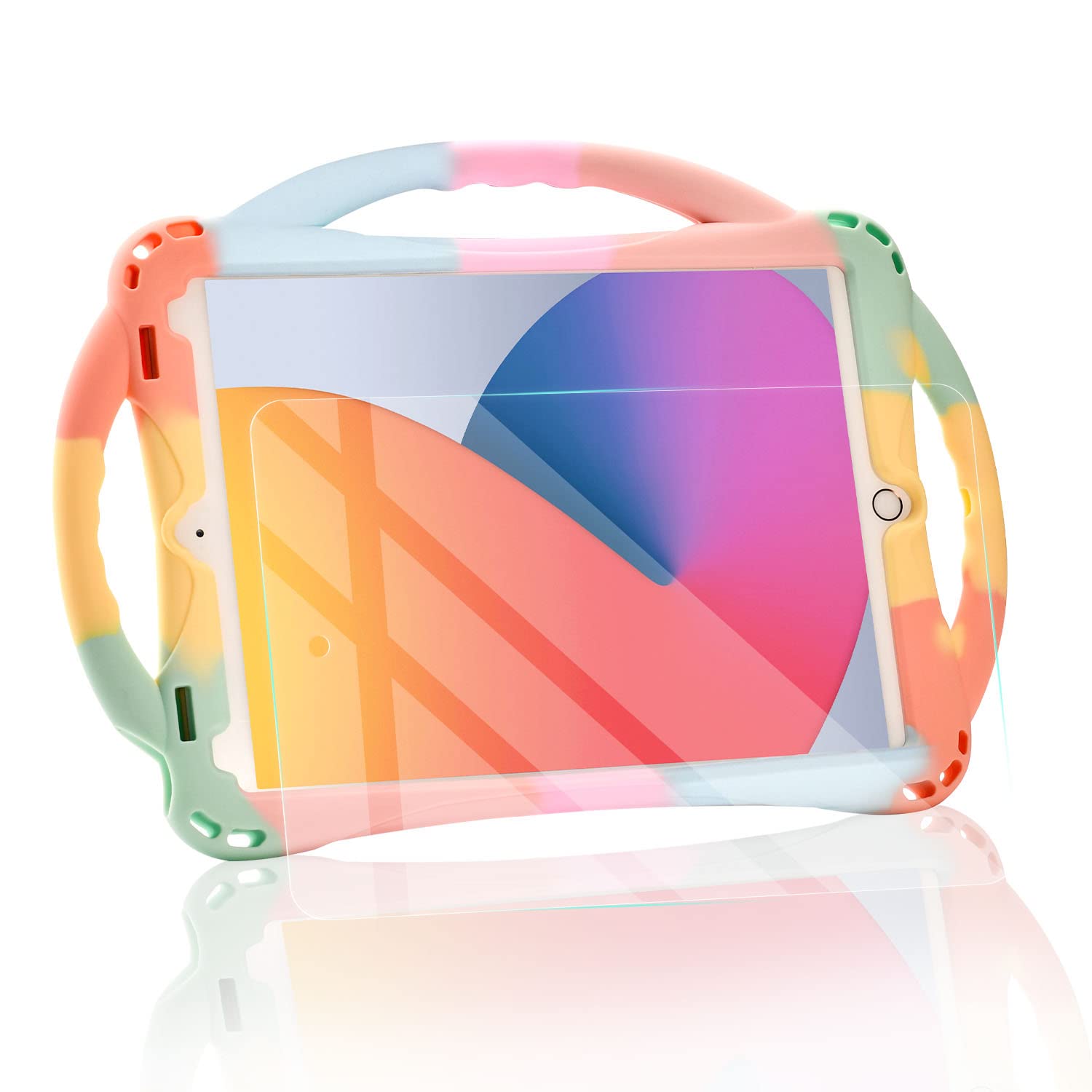 TopEsctiPad 10.2 case, iPad 9th/8th/7th Generation Case for Kids with Tempered Glass Screen Protector and Strap, Silicone Shockproof iPad 10.2 inch 2021 Case(Rainbow)