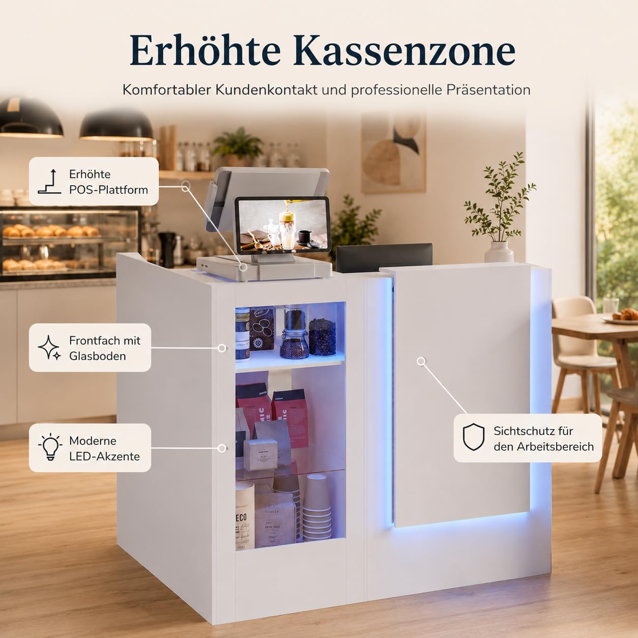 Caldion Moderno mostrador de recepción con iluminación LED con cajón de tatuaje, mostrador de recepción de cristal templado, mesa de recepción en forma de L, color blanco, 120 x 100 x 103 cm