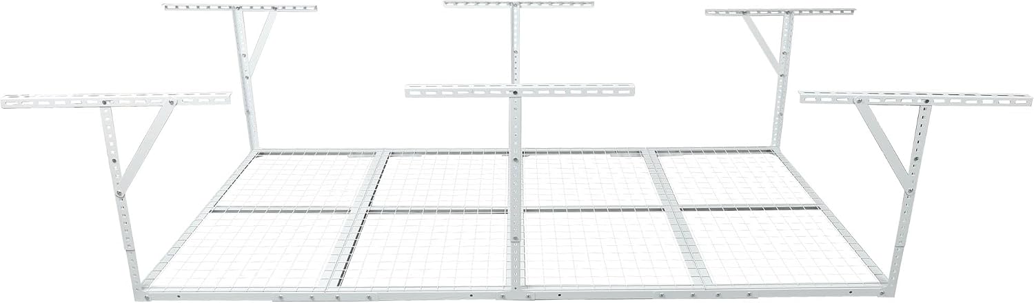 4 X 8 FT Garage Ceiling Storage Racks, Heavy Duty Overhead Garage Storages Rack with Adjustable Hight, Metal Hanging Garages Storage Rack with Support Rod, 22''- 40" Adjustable, 600 LBS (White, 4x8FT)