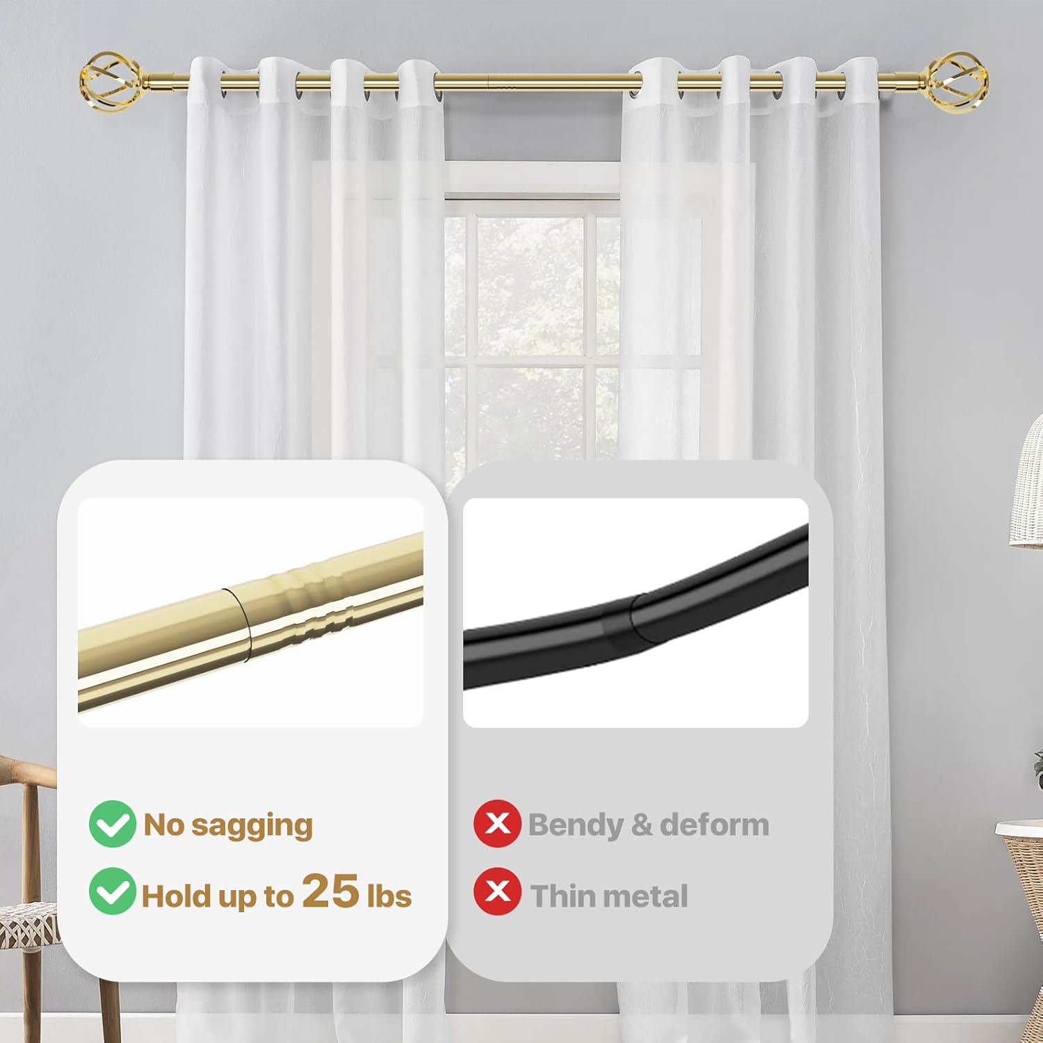 Gold Curtain Rods for Windows 66 to 120 inch with Twisted Cage Finials, Adjustable Long Curtain Rod Set with Brackets, Heavy Duty Drape Rod for Outdoor Patio, Sliding Door, 5/8" Diameter & 10 ft
