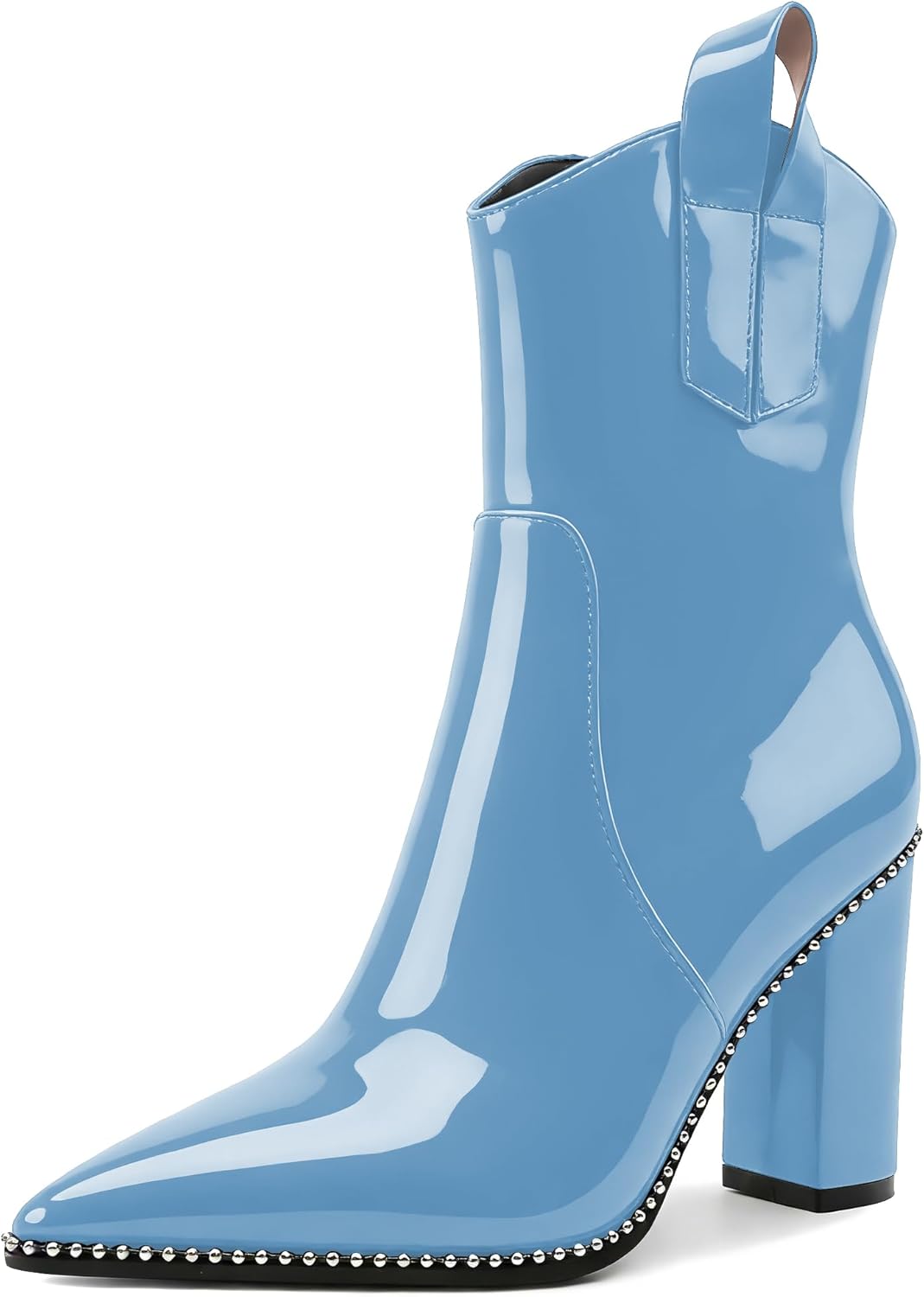 Soireelady Womens Cowboy Ankle Boots Western Booties Pointed Toe Chunky Block Heel Beaded Short Booties Side Zipper Fashion Shoes 4 Inch