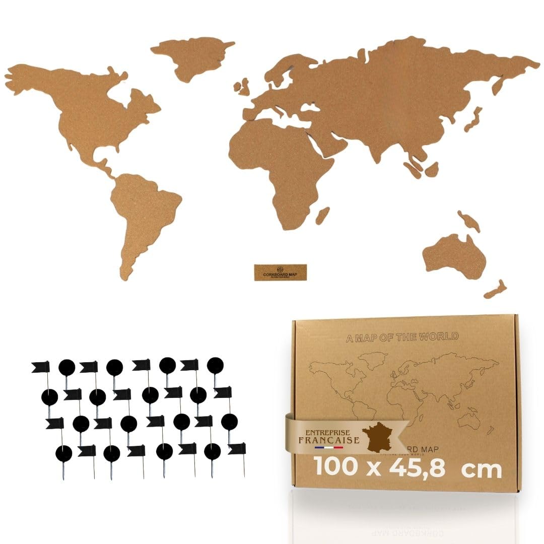 Tableau en Liège | Panneau Mural Carte du Monde 100x46cm – Tableau d’Affichage avec 50 Punaises, Design Vintage & Naturel