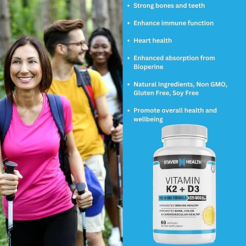 Miniatura 2 de Vitamina K2 D3 con calcio y bioperina, vitamina K2 (MK7) con suplemento D3 sin OMG, vitamina D3, vitamina K2 MK-7 fácil de tragar vitamina D y