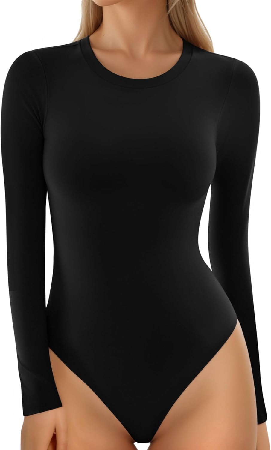 MANGOPOP Women's Crew Neck Short Sleeve Bodysuit Long Sleeve Body Suit T Shirts Basic Slim Fitted Tops